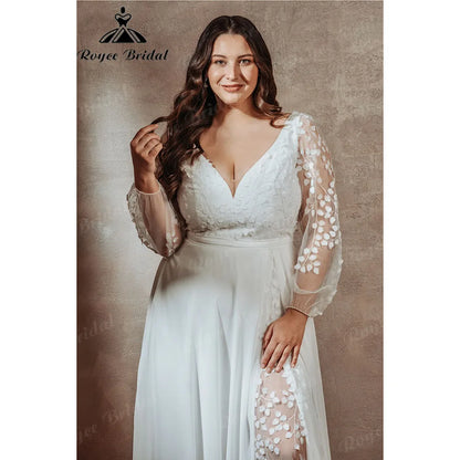 Boho Long Sleeve V Neck Lace Appliques Plus Size Wedding Dress