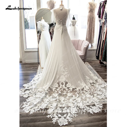 Roycebridal V Neck Lace Appliques A Line Chiffon Open Back Boho Wedding Dress