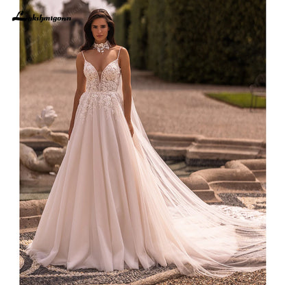 Roycebridal Women A Line Lace Wedding Dresses with Cape Robes Femmes Chic Bridal Boho Beach Wedding Gowns Spaghetti Straps