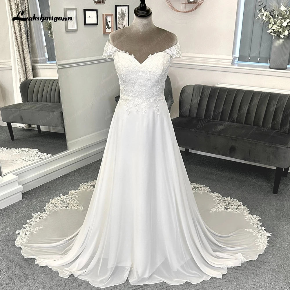 Lakshmigown Lace Appliques Boho Chiffon Wedding Dress with Detachable Sleeves Beach Women Civil Bridal  Wedding Gowns
