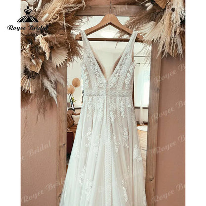 Bohemian Wedding Dress Tank V Neck Lace Appliqued Backless
