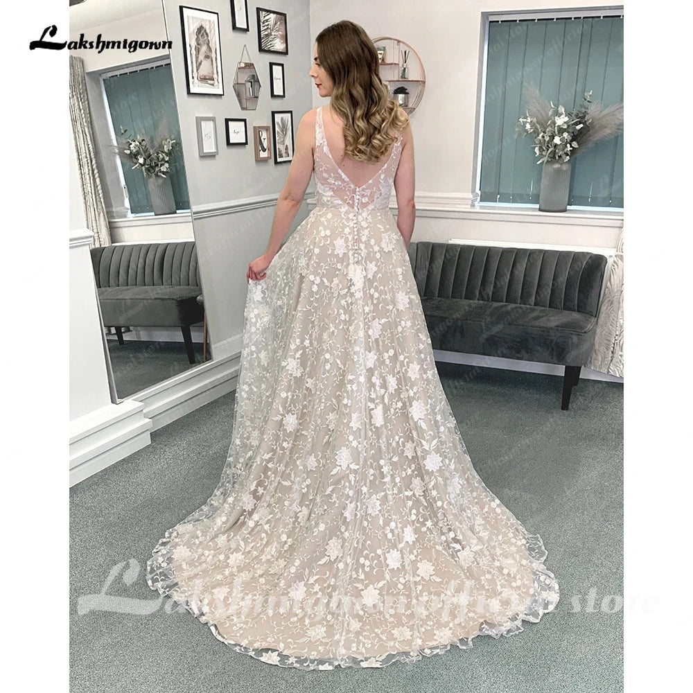 Lakshmigown Vintage Champagne Full Lace Boho Wedding Dress 2023 Vestidos Noivas V Neck Sexy Bridal Wedding Gowns Open Back