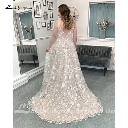 Roycebridal Vintage Champagne Full Lace Boho Wedding Dress 2025 Vestidos Noivas V Neck Sexy Bridal Wedding Gowns Open Back