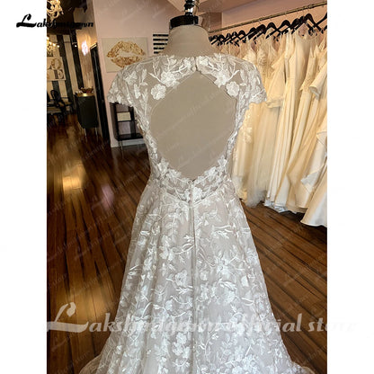 Roycebridal Full Lace Boho Wedding Dress For Women Sexy V Neck Short Sleeves Bride Dress Lace Applique A-Line Sweep Train Custom