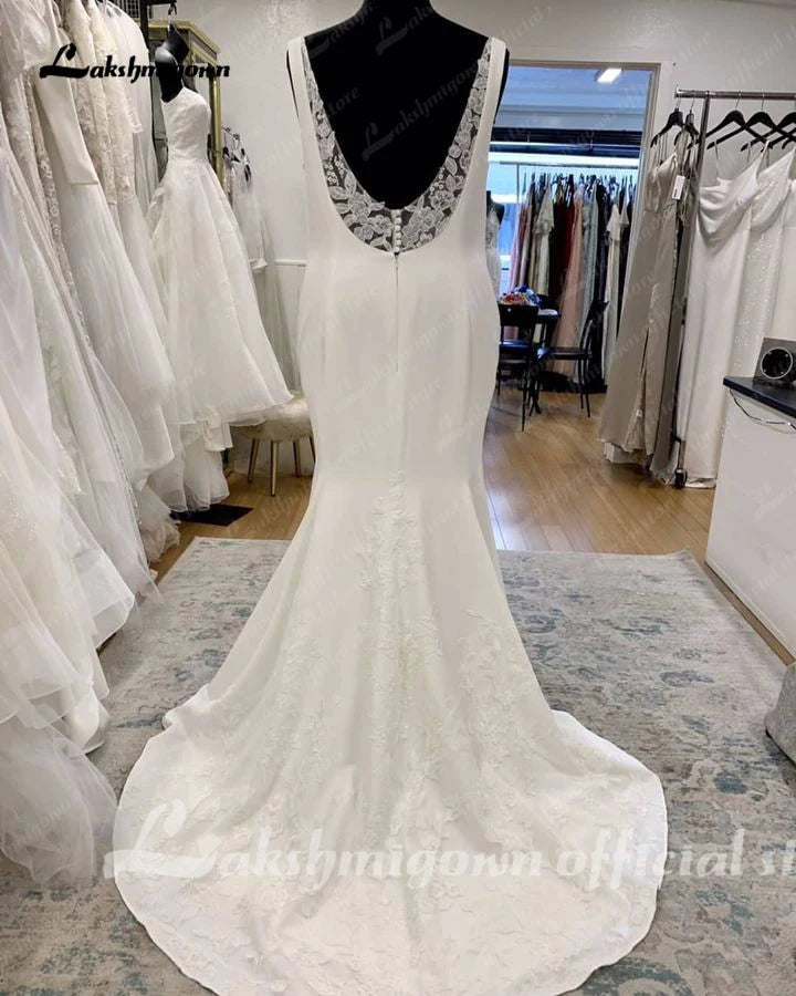 Lakshmigown Plus Size Boho Mermaid Wedding Dresses for Women 2024 Vestido Scoop Neck Lace Crepe