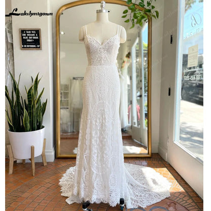 Roycebridal Spaghetti Straps Lace Bobo Mermaid Wedding Dress with V Neck Modest Robe Mariage Femme Bohemian Bridal Gown