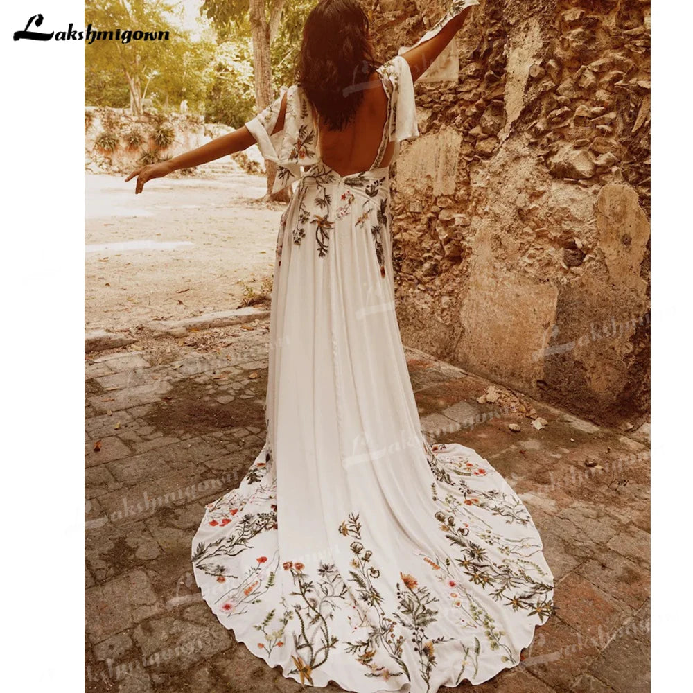 Lakshmigown Chic Colorful Embroidery Boho Wedding Dress Sexy V Neck Short Sleeve Open Back Chiffon Beach Bohemia Bridal Gowns