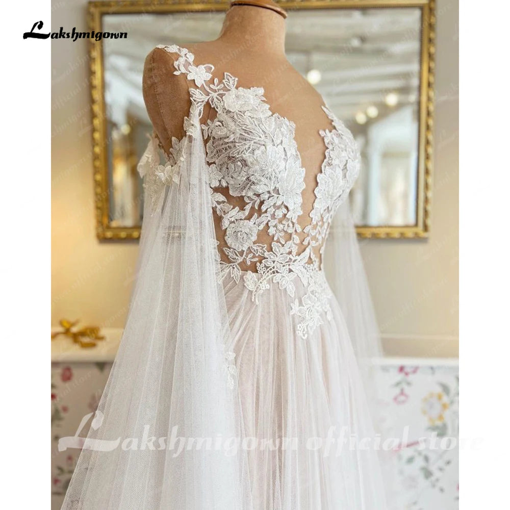 Lakshmigown Boho Wedding Dress with Cape Beach Summer 2023 Lace A Line Bridal Gowns V Neck Backless Vestido Verano