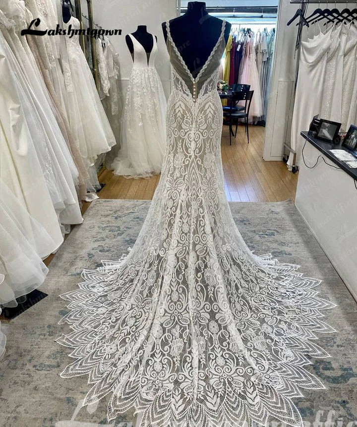 Lakshmigown Sexy Lace Mermaid Wedding Gowns 2024 Robe Boheme Spaghetti Straps Cut Out Train Boho Bridal Dress