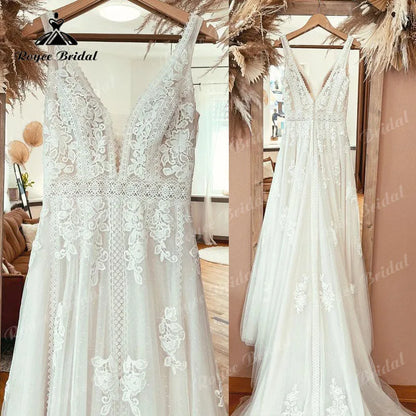 Bohemian Wedding Dress Tank V Neck Lace Appliqued Backless