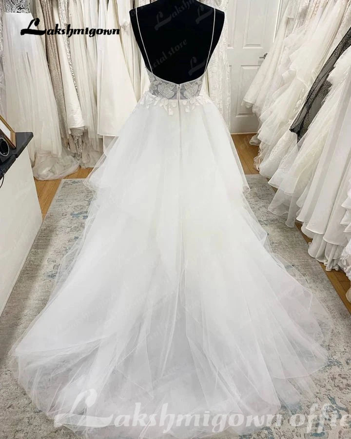 Lakshmigown Spaghetti Straps Wedding Dress Tiered V-Neck Princess Bride Gown Tulle Backless Zipper Vestido De Noiva
