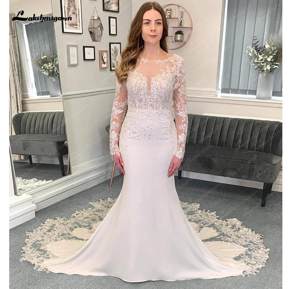 Roycebridal Lace Appliques V Neck Soft Satin Long Sleeves Mermaid/Trumpet Boho Wedding Dress Illusion robe mariée sirene