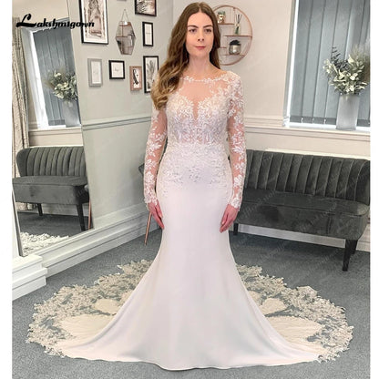 Roycebridal Lace Appliques V Neck Soft Satin Long Sleeves Mermaid/Trumpet Boho Wedding Dress Illusion robe mariée sirene