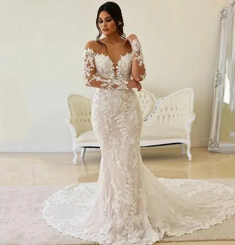 Lakshmigown Boho Illusion Bodice Lace Mermaid Wedding Dress Long Sleeve Sheer Neck Appliques Bridal Gown