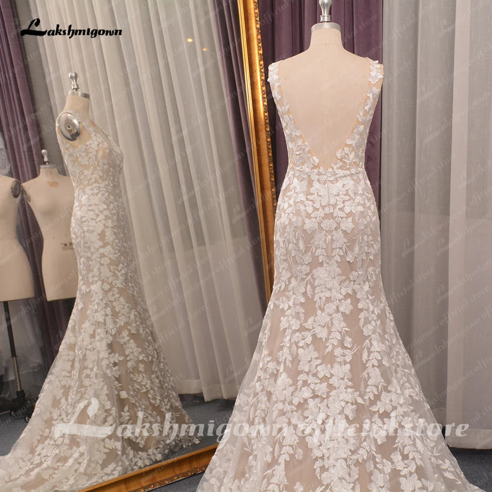 Roycebridal Lace Mermaid Boho Open Back Wedding Dress with V Neck  Boho Bridal vestido de boda corte sirena