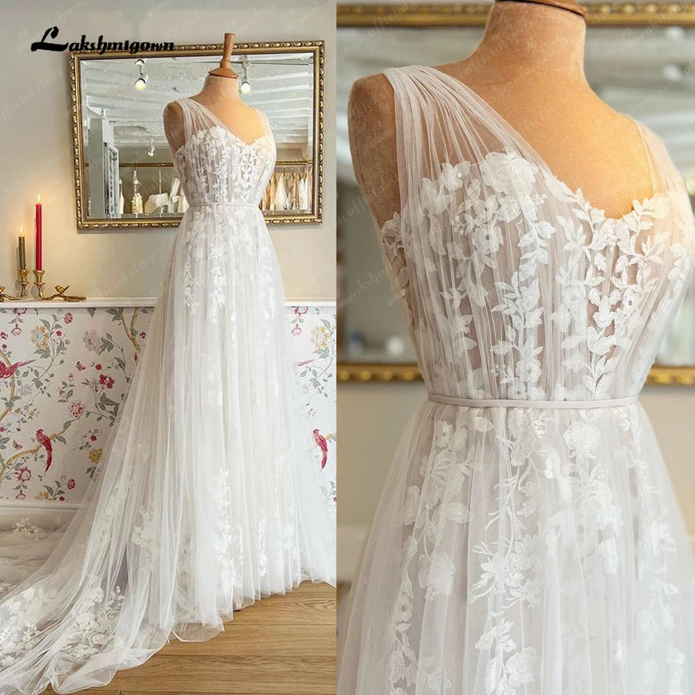 Roycebridal Princess Boho Wedding Dress Beach  Vintage Lace Appliques Tulle A Line Bridal Gowns V Neck vestidos novias boda