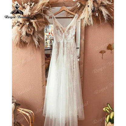 Boheme V Neck Lace Wedding Dress Backless Civil Beach