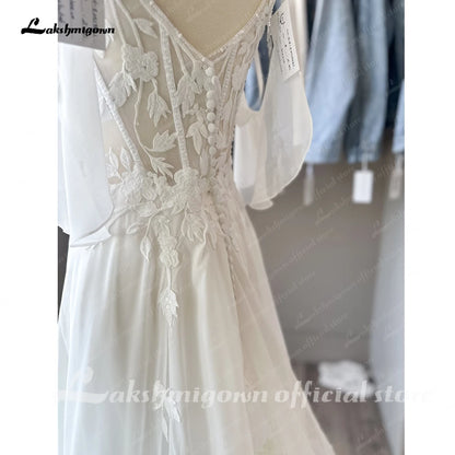 Roycebridal Spaghetti Straps Plunging V Neck Lace Chiffon Country Wedding Dress  Vestido Boda Civil Beach Bridal Gown