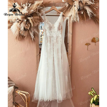 Boheme V Neck Lace Wedding Dress Backless Civil Beach