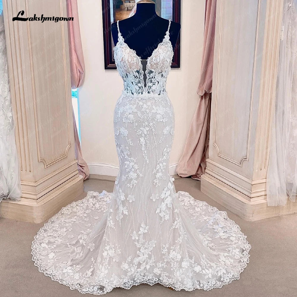 Lakshmigown Princess Lace Mermaid Wedding Dresses For Women Vestido De Novia 2023 V Neck Boho Bridal Gowns Open Back