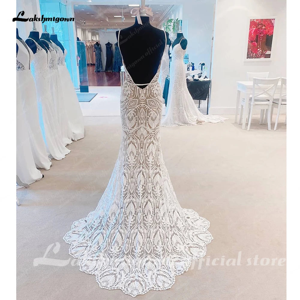 Lakshmigown Sexy Lace Wedding Dresses 2023 V-Neck Open Back Long Bride Dress Spaghetti Strap Applique A-Line Party Gown