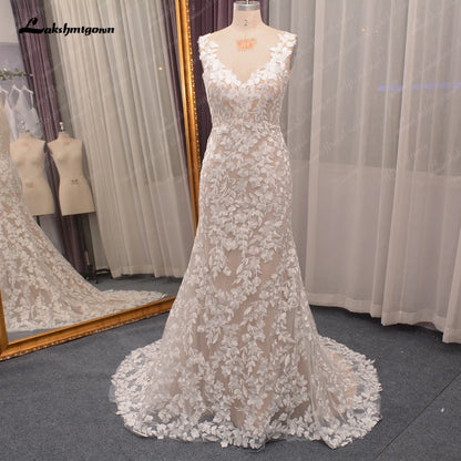 Roycebridal Lace Mermaid Boho Open Back Wedding Dress with V Neck  Boho Bridal vestido de boda corte sirena