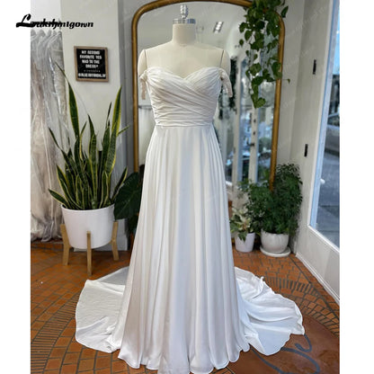 Roycebridal Off Shoulder Soft Satin Pleats Boho Wedding Dress for Women Off White Beach Wedding Reception Dress for Bride