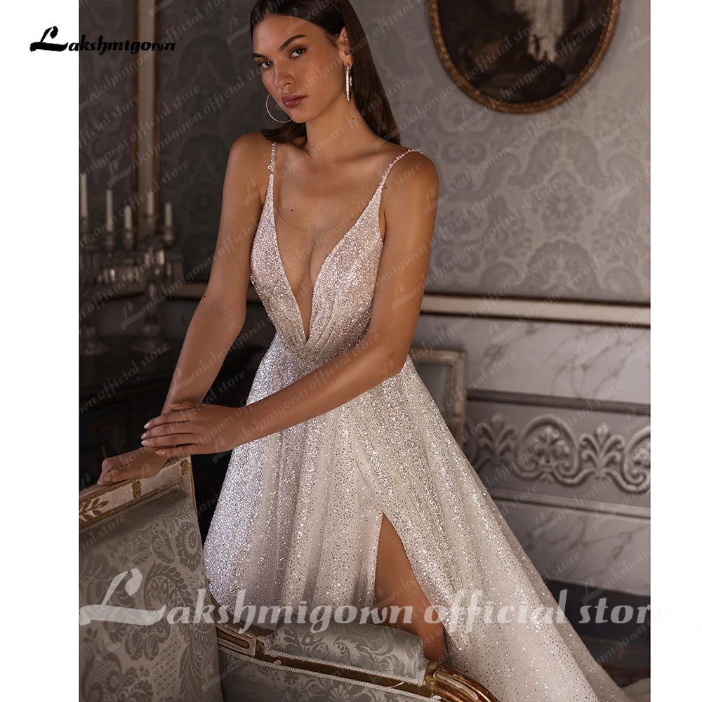 Roycebridal Split Side Shiny Glitter Boho Women Wedding Dress for Bride  Spaghetti Straps Wedding Gown batas de novia para