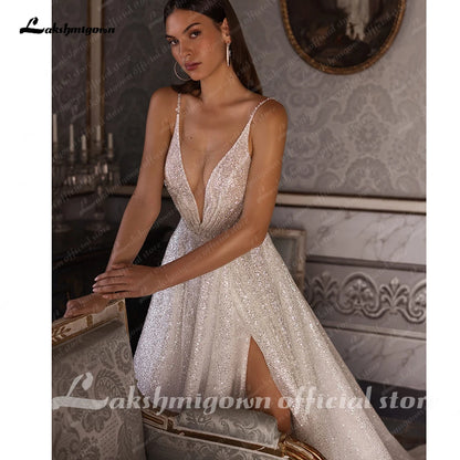 Roycebridal Split Side Shiny Glitter Boho Women Wedding Dress for Bride  Spaghetti Straps Wedding Gown batas de novia para