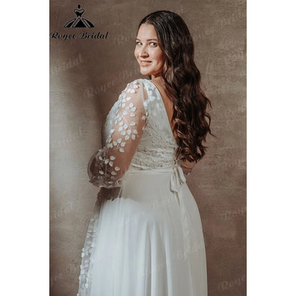 Boho Long Sleeve V Neck Lace Appliques Plus Size Wedding Dress