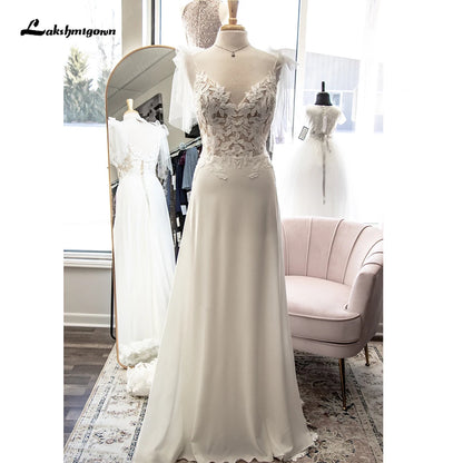 Roycebridal V Neck Lace Appliques A Line Chiffon Open Back Boho Wedding Dress
