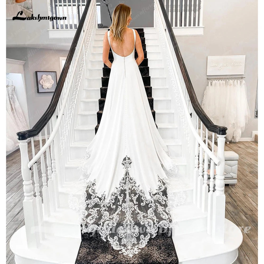 Lakshmigown Soft Satin Wedding Dress For Women Robe De Mariage 2023 Scoop Neck Elegant Bridal Boho Beach Gowns