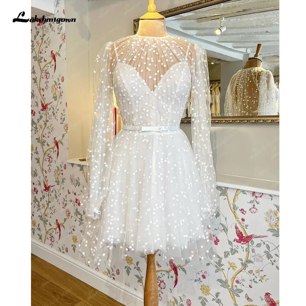 Lakshmigown Lace Short Wedding Dress With Detachable Jacket Dot Tulle Long Sleeves Bridal Gowns Robe De Mariage