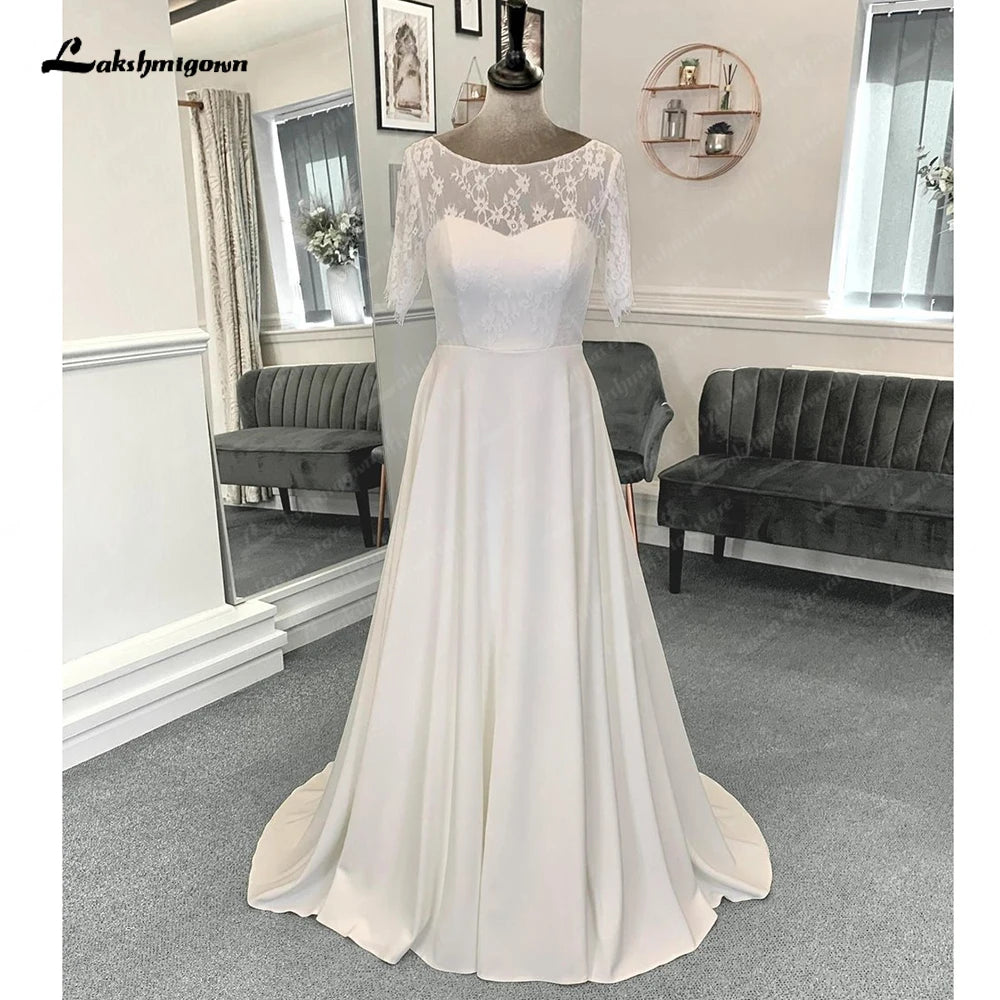 Lakshmigown Half Sleeves Lace Formal Wedding Dresses Floor Length A-Line Satin With Pleats 2023 Bridal Gowns