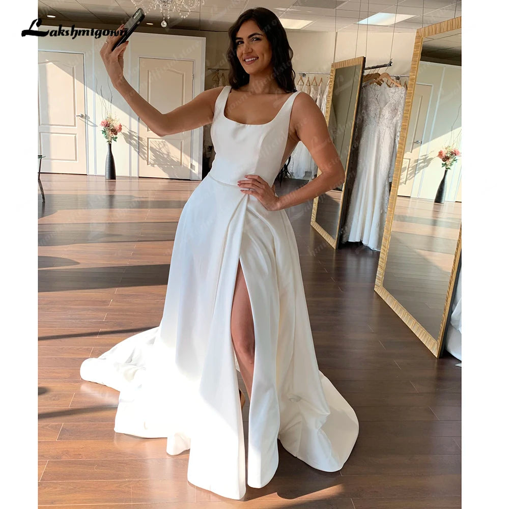 Lakshmigown Ivory Satin Scoop Neck Sleeveless Floor-Length A-line Wedding Dress 2023 Split Garden Bridal GownRobe De Mariage