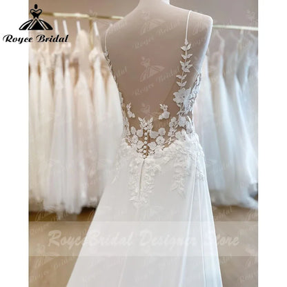 Boho Spaghetti Straps Wedding Dress V Neck Lace Appliqued Chiffon Backless