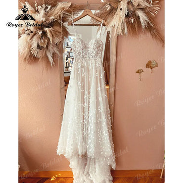 Boho Spaghetti Straps Lace Appliques A Line Wedding Dress with Jacket