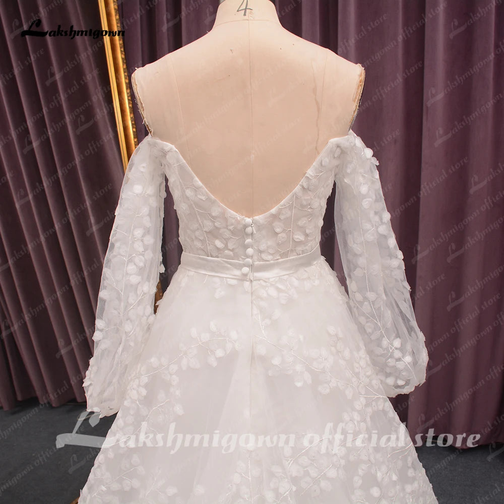 Roycebridal Off Shoulder Fulll Lace Wedding Dress Women  Fuffy Longe Sleeves Beach Bridal Gown Robe de mariee