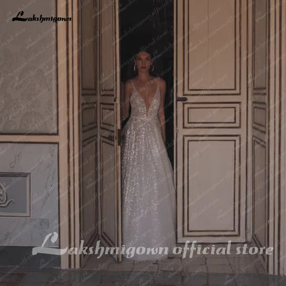 Roycebridal Split Side Shiny Glitter Boho Women Wedding Dress for Bride  Spaghetti Straps Wedding Gown batas de novia para