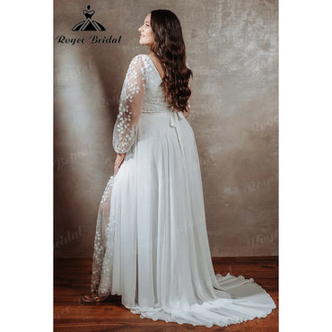 Boho Long Sleeve V Neck Lace Appliques Plus Size Wedding Dress
