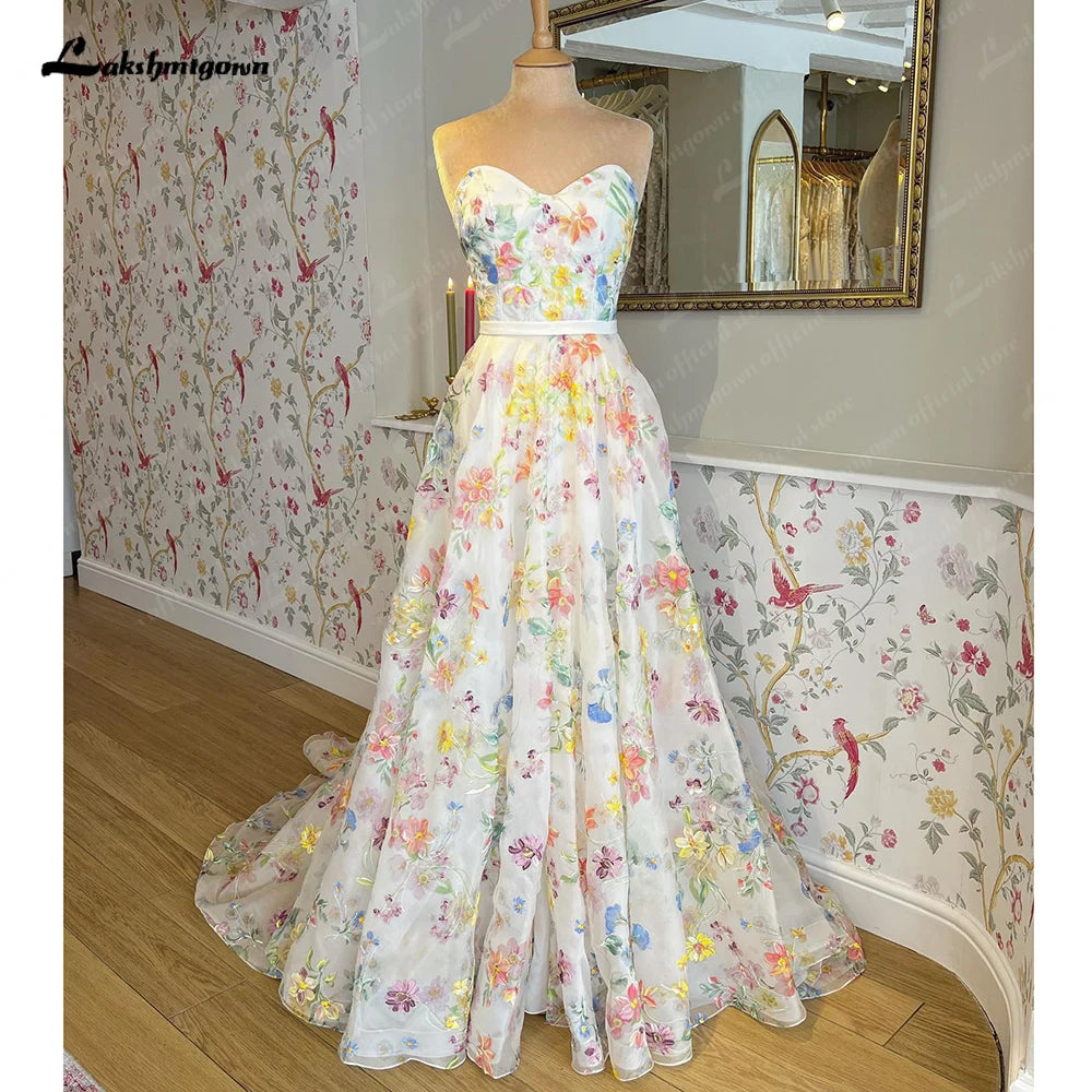 Lakshmigown Print Flower Wedding Dress with Detachable Puff Sleeve Sweetheart Off the Shoulder Boho Bridal Gowns estido de noiva