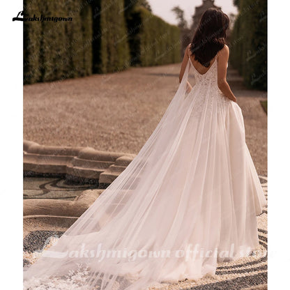 Roycebridal Women A Line Lace Wedding Dresses with Cape Robes Femmes Chic Bridal Boho Beach Wedding Gowns Spaghetti Straps
