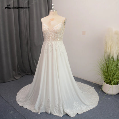 Roycebridal Spaghetti Straps Beach Wedding Dress for Women Beads Chiffon Bridal Gowns Open Back Real Photos New Arrival