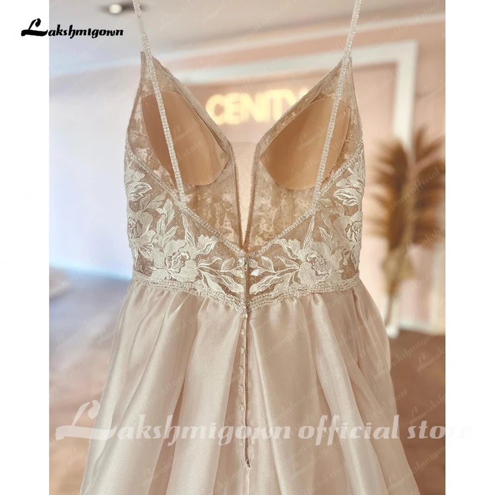 Lakshmigown Robe Civil Boho Champagne Lace V Neck A Line Beach Wedding Dress 2023 Bridal Gowns Custom Made Vestidos