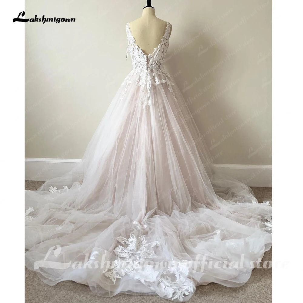 Luxury Blush Pink Lace Wedding Dresses For Church 2023 Open Back Sexy Bridal Boho A Line Wedding Dresses Long Train Lakshmigown