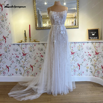 Roycebridal Split Side Lace Boho Women Wedding Dress for Bride Spaghetti Straps Wedding Gown batas de novia para