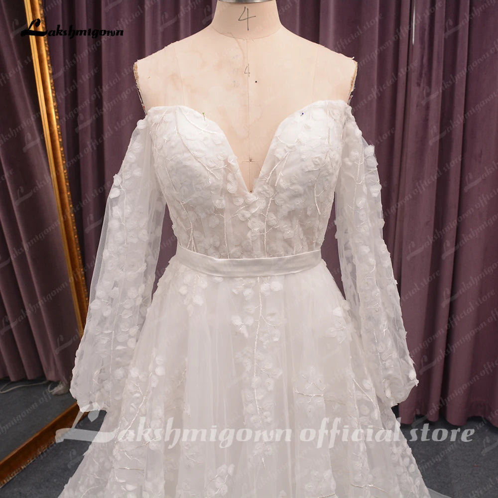 Roycebridal Off Shoulder Fulll Lace Wedding Dress Women  Fuffy Longe Sleeves Beach Bridal Gown Robe de mariee