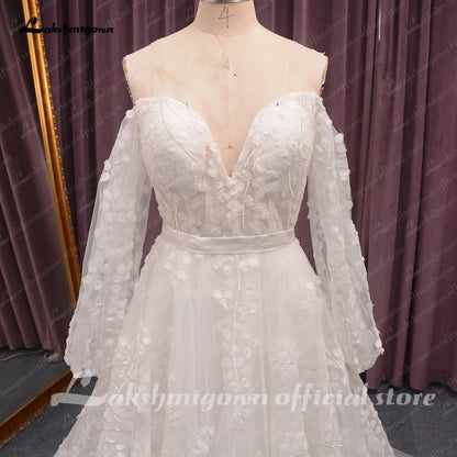 Roycebridal Off Shoulder Fulll Lace Wedding Dress Women  Fuffy Longe Sleeves Beach Bridal Gown Robe de mariee