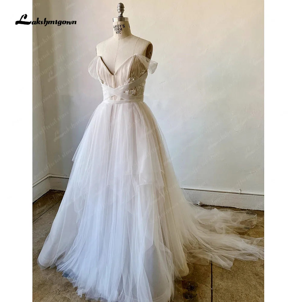 Lakshmigown Champagne Boho Wedding Dresses Off the Shoulder vestidos de novia Lace Appliques Bride Gowns