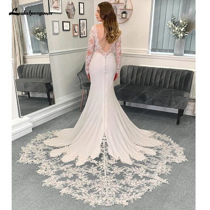 Roycebridal Lace Appliques V Neck Soft Satin Long Sleeves Mermaid/Trumpet Boho Wedding Dress Illusion robe mariée sirene